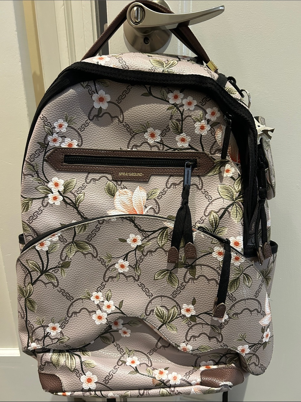 Sprayground Pink Floral Backpack with Brown Trim